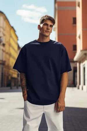 Trendyol Marineblaues Oversize-t-shirt Mit Rundhalsausschnitt, 100 % Baumwolle – für Herren - XL
