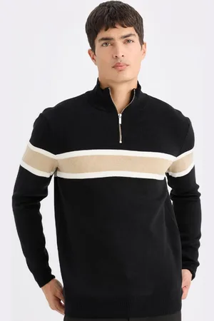DeFacto Schwarzer Standard-passform-pullover Mit Normaler Passform, Stehkragen Und Reißverschluss, Gestreift, Y4193az24wn für Herren - 3XL