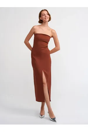 Dilvin 90758 Trägerloses Kleid Mit Schlitz Und Details – für Damen - 36