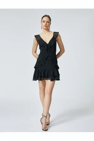 Koton Rüschen-minikleid, Ärmellos, Hinten, Detailliert, Schmale Passform, V-ausschnitt für Damen - 34