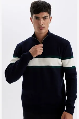 DeFacto Marineblauer, Gestreifter Strickpullover Mit Standard-passform, Normaler Passform, Stehkragen Und Reißverschluss Y4193az24wn für Herren - L