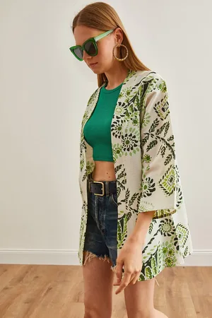 Olalook Grüner Lässig Gewebter Kimono Ring für Damen - XL