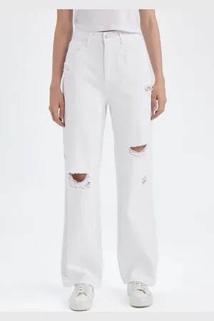 DeFacto 90er Jahre Gebrochenes Bein, Hohe Taille, Weites Bein, Lange, Zerrissene, Detaillierte Weiße Jeanshose für Damen - 34