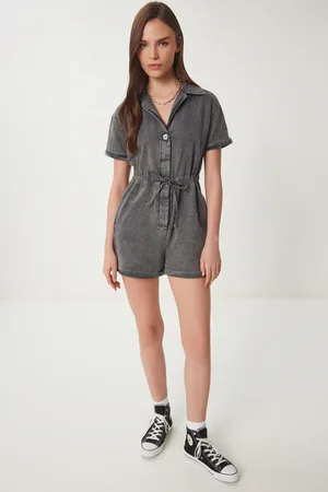 Happiness istanbul Anthrazitfarbener, Verwaschener Sommer-gabardine-jumpsuit Mit Polokragen für Damen - 38
