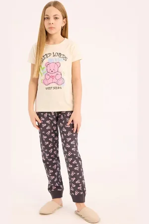 DeFacto Pyjama-set Für Mädchen – Rundhalsausschnitt, Bedruckt, Kurze Ärmel, Elastische Taille Oben, Gemusterter Boden für Damen - 9–10 Jahre