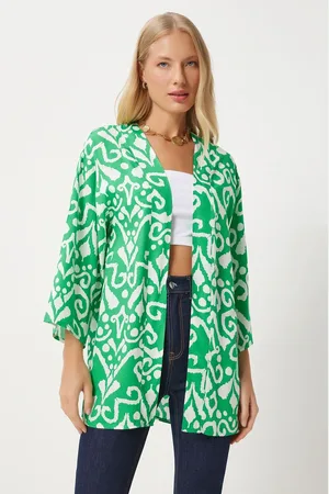 Happiness istanbul Grüner Ecru-gemusterter Viskose-kimono für Damen - 42