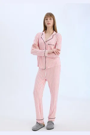 DeFacto Streifen-pyjama-set – Lange Ärmel, Langes Unterteil Und Hohe Taille für Damen - M