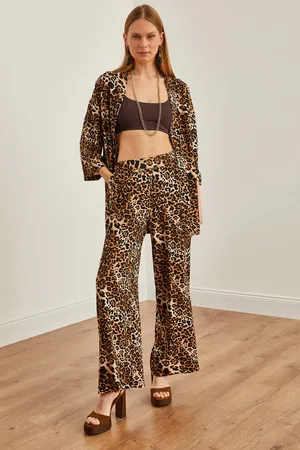 Olalook Set Aus Schwarzem Kimono Und Palazzo-hose Mit Leopardenmuster – Mit Taschen für Damen - S