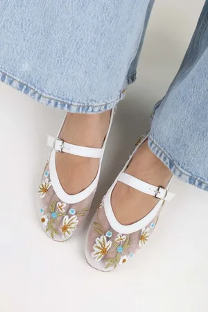 Shoeberry Ballerinas Aus Weißem Mesh Mit Blumenmuster für Damen - 40