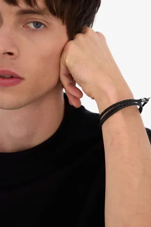 DeFacto Atolyewolf X Armband Aus Schwarzem Leder Mit Doppelt Gefaltetem Stahlstück für Herren - One Size