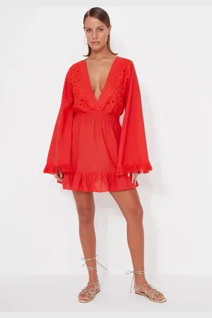 Trendyol Rotes Mini-strandkleid Aus Gewebter Spitze Aus 100 % Baumwolle für Damen - 36