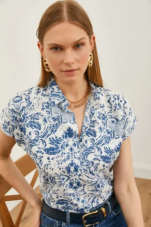Olalook Marineblaues, Gewebtes Viskose-shirt Mit Fledermausmuster für Damen - S