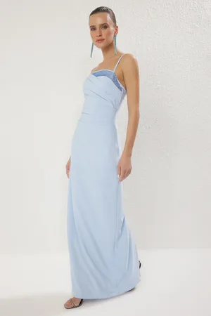 Trendyol Hellblaues, Gewebtes, Langes, Schickes Abendkleid Mit Steindruck, Nachtabendkleid für Damen - 38