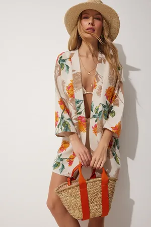 Happiness istanbul Orange Gemusterter Kimono Aus Leinen-viskose für Damen - 36
