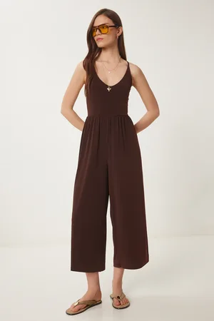 Happiness istanbul Brauner Strickoverall Mit V-ausschnitt Und Seilriemen für Damen - 40