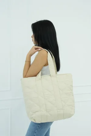 Madamra Cremefarbene Pufftasche Mit Steppmuster für Damen - One Size