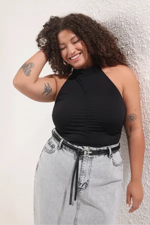 Trendyol Schwarze, Geraffte, Sandfarbene Strickbluse In Übergröße Mit Neckholder für Damen - 2XL