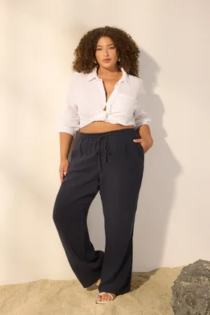 Trendyol Marineblaue, Gewebte Hose Aus 100 % Leinen In Übergröße Mit Weitem Bein für Damen - 42
