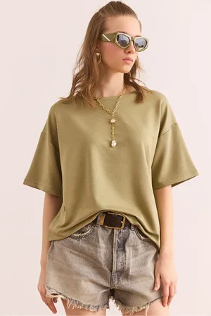Olalook Khakifarbenes T-shirt Mit Rundhalsausschnitt, Übergröße, Weiches Struktur-t-shirt Tsh- 19000865 für Damen - XL