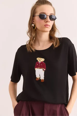 Olalook Schwarzes T-shirt Mit Rundhalsausschnitt Und Teddybär-applikation, Drapiert Tsh- 19000867 für Damen - S/M