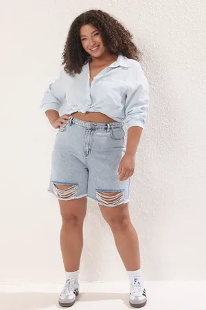 Trendyol Blaue, Zerrissene Jeansshorts Mit Hoher Taille Und Großen Größen für Damen - 42