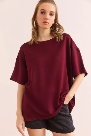Olalook Burgunderrotes T-shirt Mit Rundhalsausschnitt, Übergröße, Weiches Struktur-t-shirt Tsh- 19000865 für Damen - S