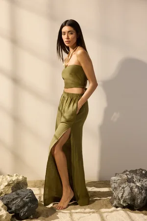 Trendyol Khakifarbene Strandhose Aus 100 % Leinen Mit Schlitz für Damen - 36
