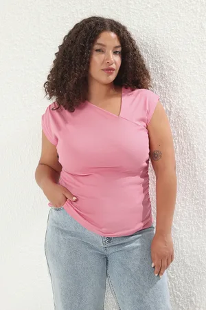 Trendyol Weicher Stoff Mit Asymmetrischem Ausschnitt, 100 % Baumwolle, Gestrickt, Bluse In Übergröße für Damen - 4XL