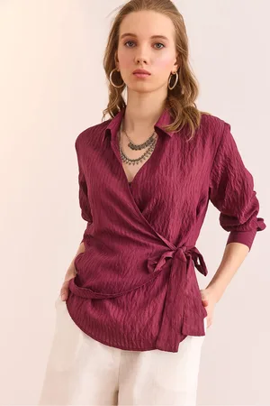 Olalook Modalbluse Burgunder Hemdkragen Seitlich Gebundenes Detail Blz- 19002907 für Damen - L