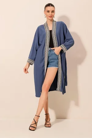Bigdart 5865 Bestickter, Langer Strickkimono Indigo für Damen - 42