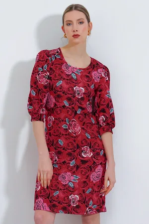 Bigdart Burgunderrotes Midikleid Mit Rosenmuster 2477 für Damen - 38