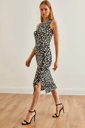 Olalook Schwarzes Midi-strickkleid Mit Blumendruck – Rundhalsausschnitt Und Schlitz für Damen - L