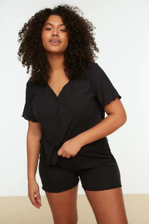 Trendyol Schwarzes Pyjama-set Aus Strick Mit V-ausschnitt Und Knöpfen für Damen - XL