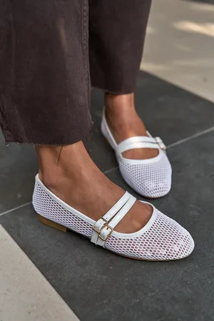 Madamra Weiße Ballerinas Aus Netzstoff Mit Doppeltem Gürtel Und Detailliertem Detail für Damen - 37