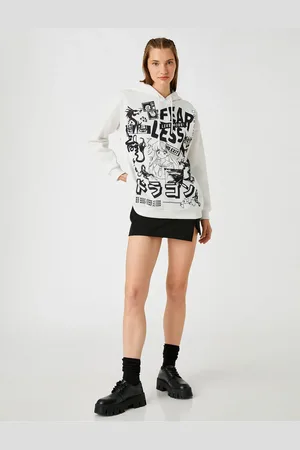 Koton Übergroßes, Bedrucktes Kapuzen-sweatshirt Mit Fleece-innenseite für Damen - S