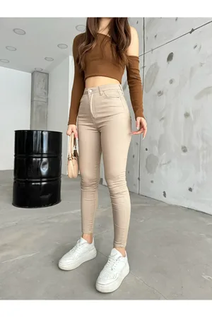 BİKELİFE Beigefarbene, Knöchellange, Schmale Lycra-hose Mit Hoher Taille Und Schmalem Bein für Damen - L