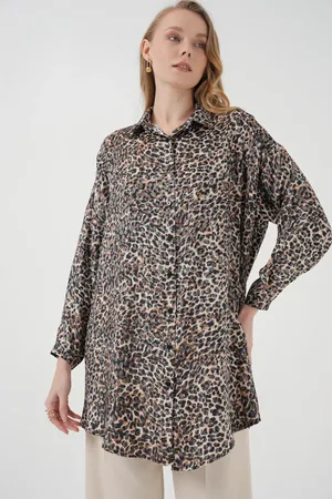 Bigdart 5944 Modell Gemustertes Braunes Langes Tunikahemd für Damen - 42