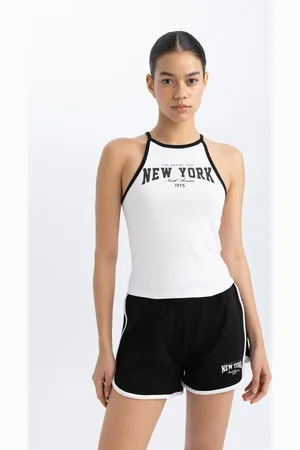 DeFacto Fit Crop Rundhalsausschnitt Bedrucktes Geripptes Tank Top B8972ax24sm für Damen - M