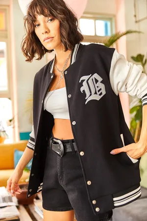 Olalook Schwarze Collegejacke Mit Buchstaben-applikation Und Drei Erhöhten Kordeln , Übergroße Größe für Damen - M