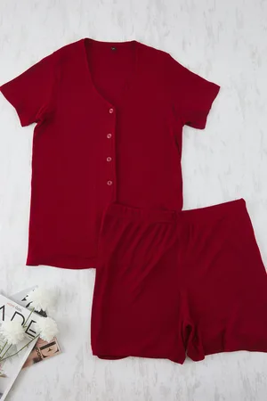 Trendyol Rotes Gestricktes Pyjama-set Mit V-ausschnitt Und Knöpfen für Damen - 2XL