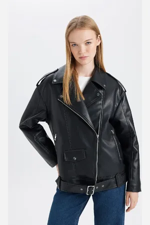 DeFacto B1 Wasserabweisende Lederjacke, Mantel, Übergröße, Breiter, Zweireihiger Kragen, Reißverschlusstaschen, Saisonal für Damen - S