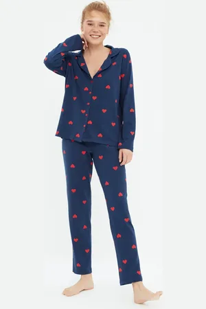 Trendyol Marineblaues, Herzförmiges Strick-pyjama-set Aus 100 % Baumwolle für Damen - XS