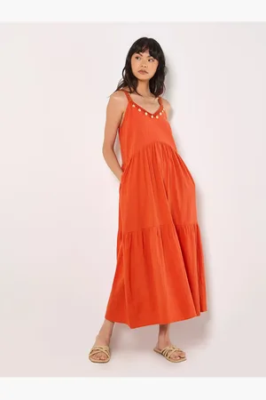 Apricot Gestuftes Midikleid Mit Muscheldetails für Damen - XS