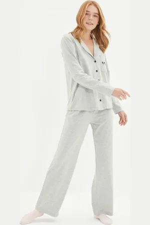 Trendyol Graues, Bedrucktes Strickpyjama-set Mit Baumwollpaspelierung Und Taschendetail für Damen - XL
