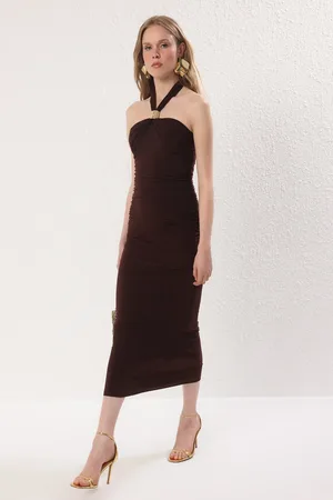 Trendyol Braunes, Figurbetontes, Gewebtes Maxi-abendkleid Mit Accessoire-detail, Nachtabendkleid für Damen - 40