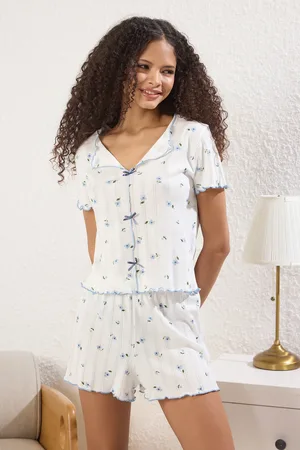 Trendyol Weißes Pyjama-set Aus 100 % Baumwolle Mit Schleife Und Geripptem Muster für Damen - S