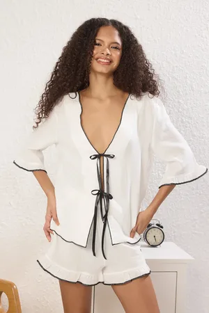Trendyol Weißes Musselin-set Aus 100 % Baumwolle Zum Binden/band/schleife für Damen - 42