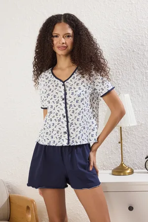 Trendyol Marineblau-weißes, Floraler, Gerippter Strickpyjama Aus Baumwolle für Damen - S