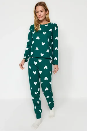 Trendyol Smaragdgrünes Pyjama-set Aus Strick Mit Herzchen 100 % Baumwolle für Damen - L