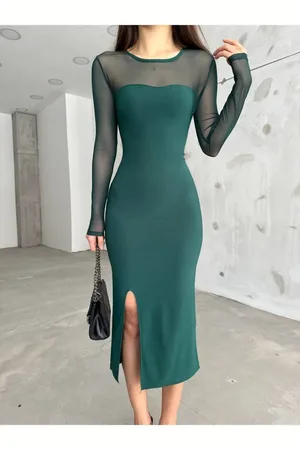 BİKELİFE Grünes Bleistiftkleid Aus Lycra Mit Schlitzdetail für Damen - M